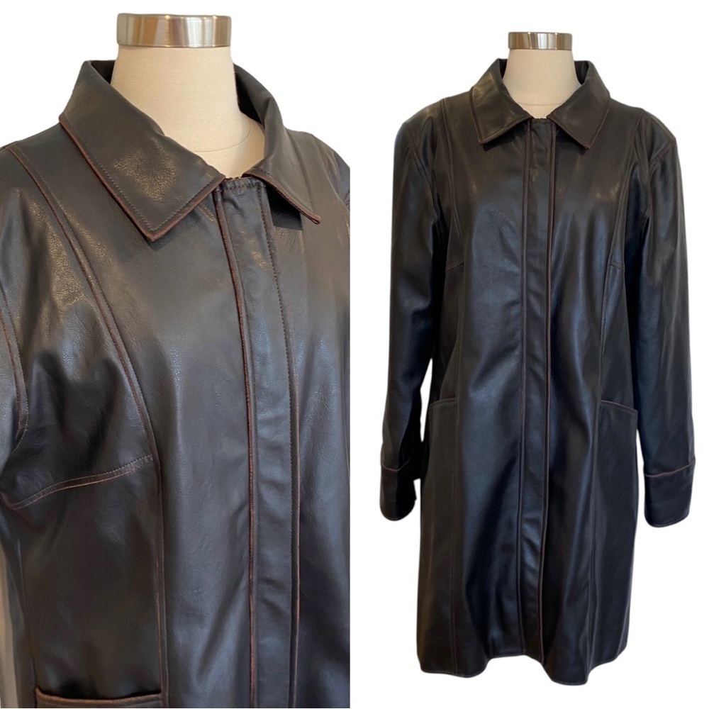 Kenzie Faux Leather Trench Coat Black Brown Stitching Y2K Zara Style Long Jacket
